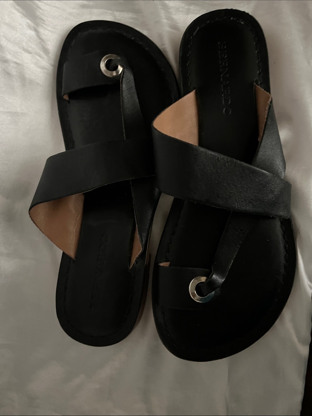 Bernardo Black Leather Cross-Strap Sandals with Silver Ring and Brown Sole